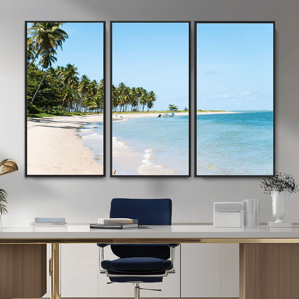 Palm Tree Coast Wall Art Canvas Print, Framed Island Getaway with Crystal Blue Water