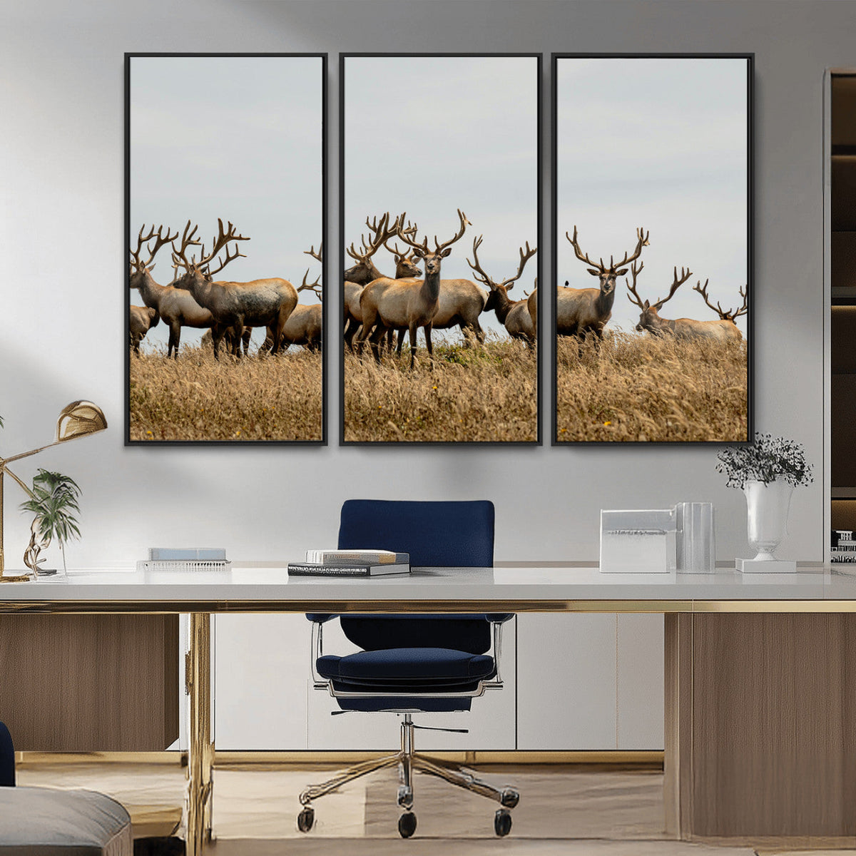 Elk Herd Wall Art Canvas Print, Framed Wildlife Photography Art, Majestic Antlers Rustic Wildlife Decor