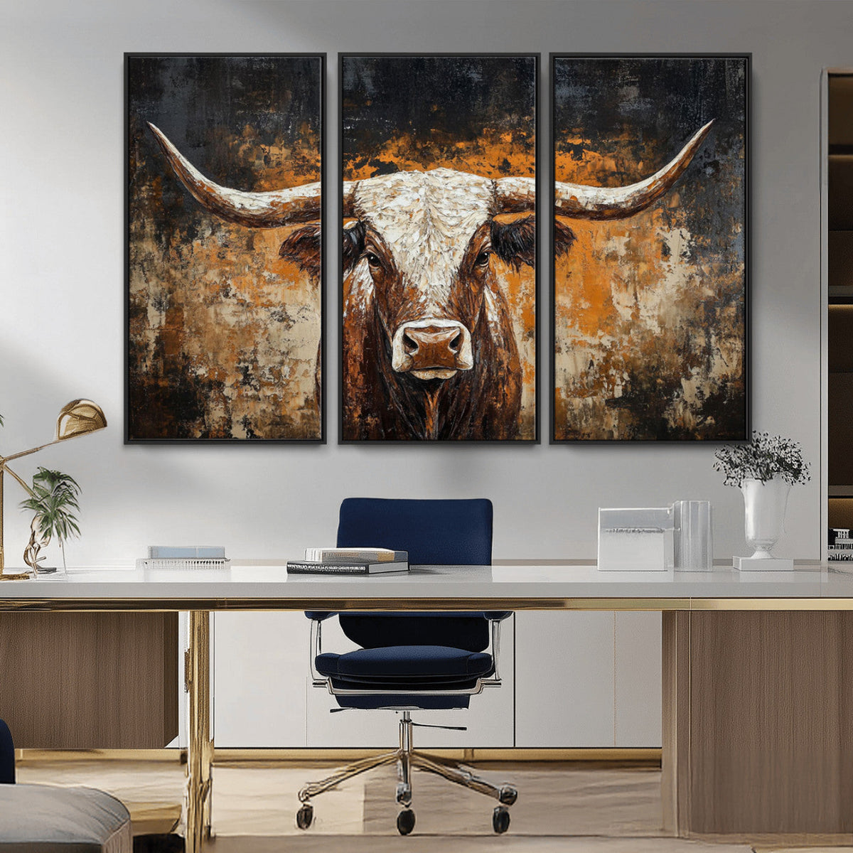Abstract Longhorn Bull Wall Art Canvas Print, Vintage Western Texas Steer Artwork