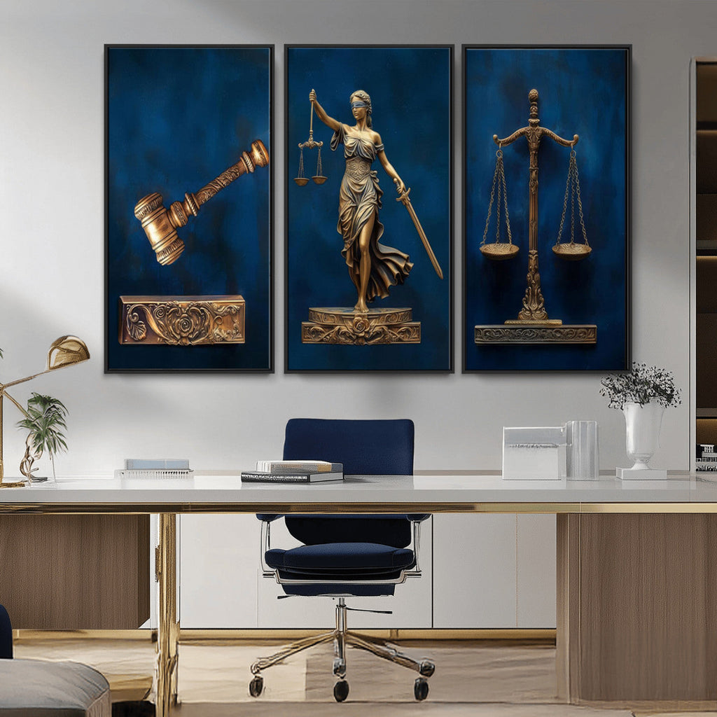 Lady Justice Wall Art Canvas Print, Elegant Gold Legal Symbols on Blue, Law Office Decor