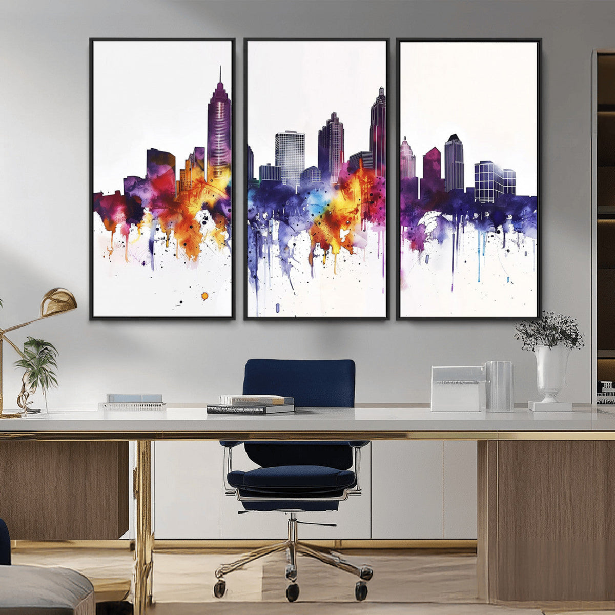 Atlanta Skyline Wall Art Canvas Print, Framed Colorful Watercolor Cityscape