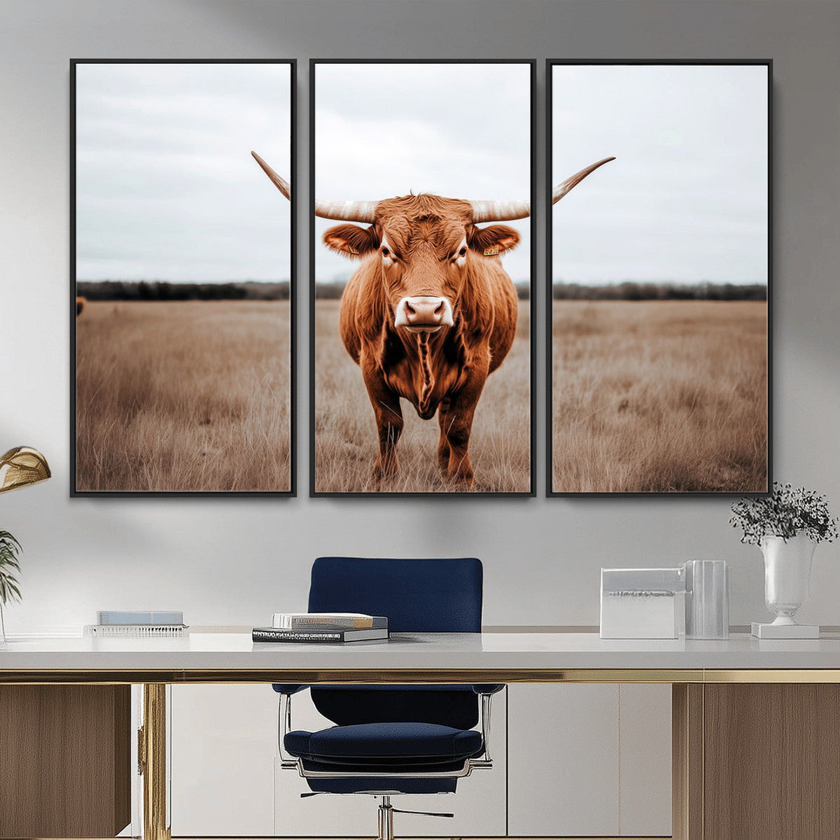 Longhorn Bull Wall Art Canvas Print, Framed Rustic Decor