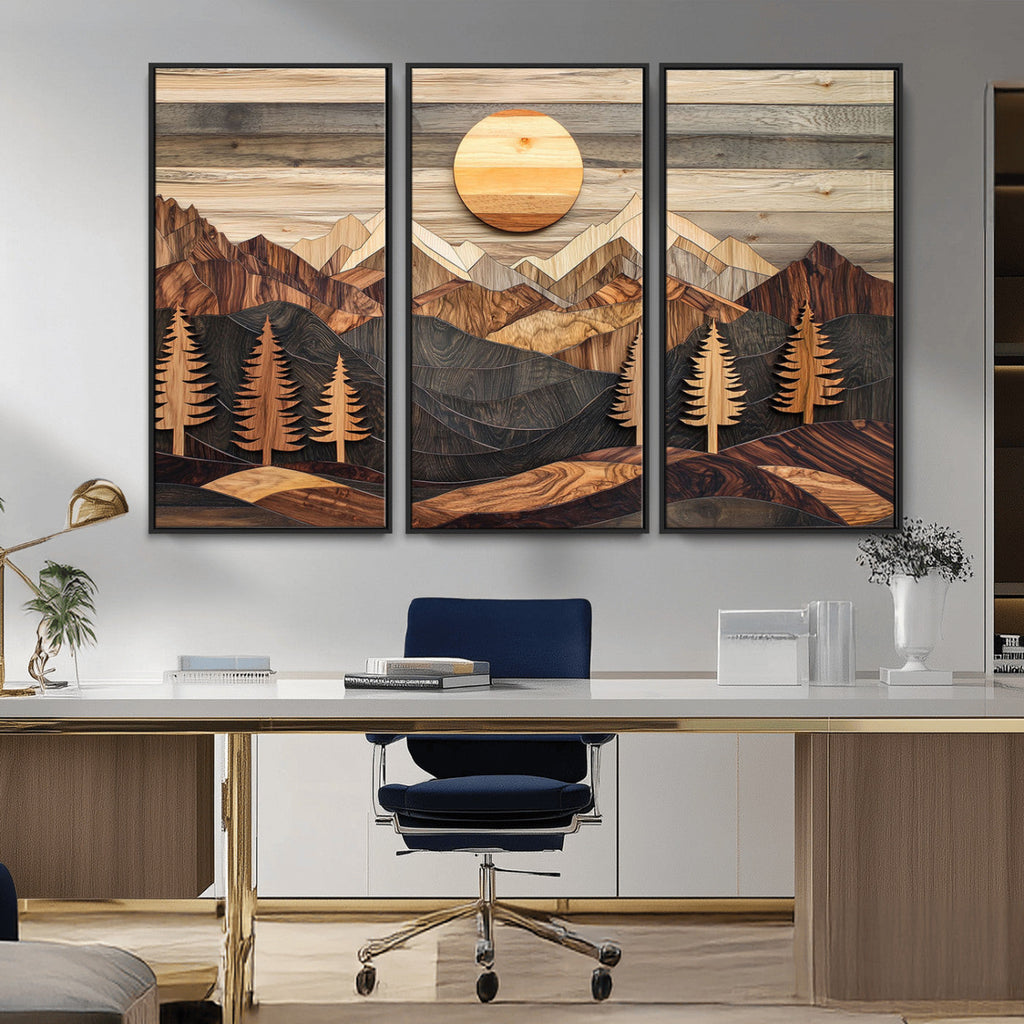 Wooden Mountain Layers Art | Rustic Pine Tree Landscape