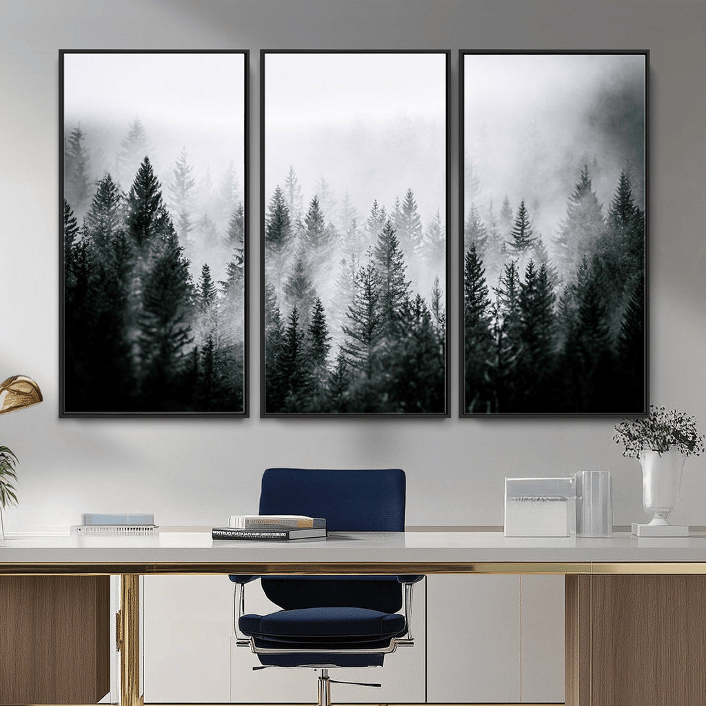 Foggy Forest Wall Art Canvas Print, Mountain Woodland Landscape, Minimal Nature Decor
