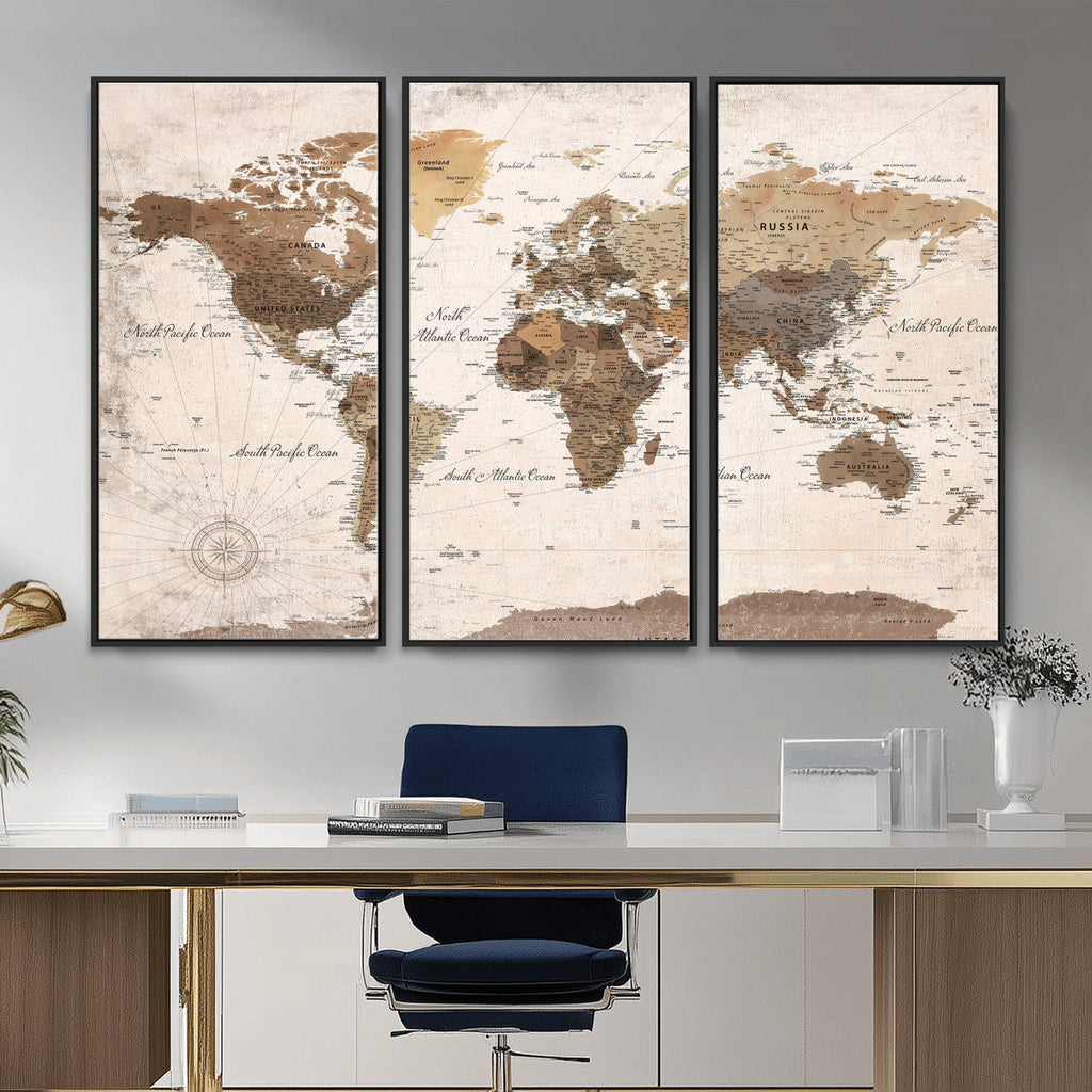 Modern World Map Canvas Print | Framed Travel Map Wall Art