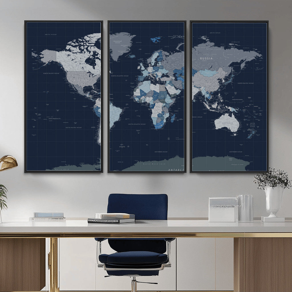 Blue Detailed World Map Wall Art Canvas Print | Modern Framed Map
