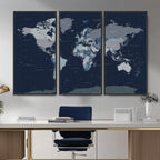 Blue Detailed World Map Wall Art Canvas Print | Modern Framed Map