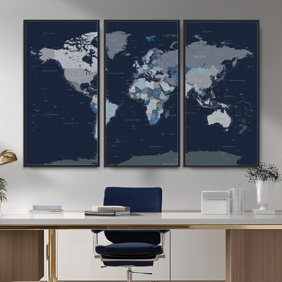 Blue Detailed World Map Wall Art Canvas Print | Modern Framed Map