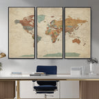 Vintage World Map Canvas Wall Art Print | Framed Modern World Map