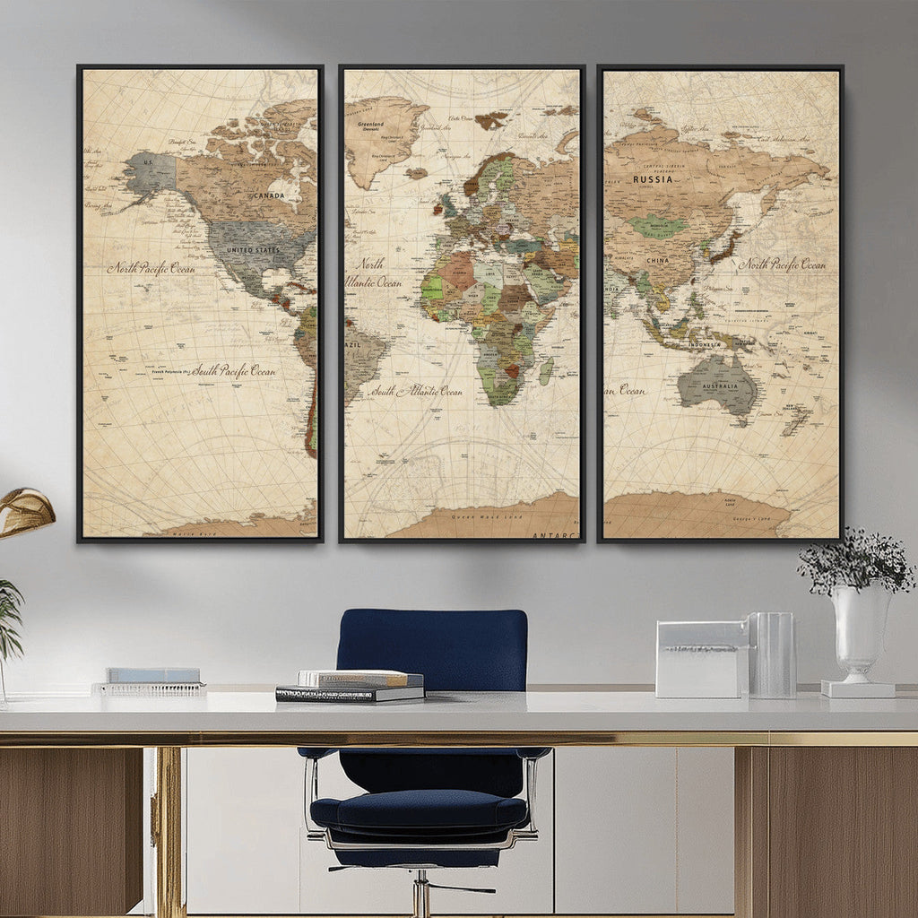 Framed World Map Wall Art for Home and Office Decor