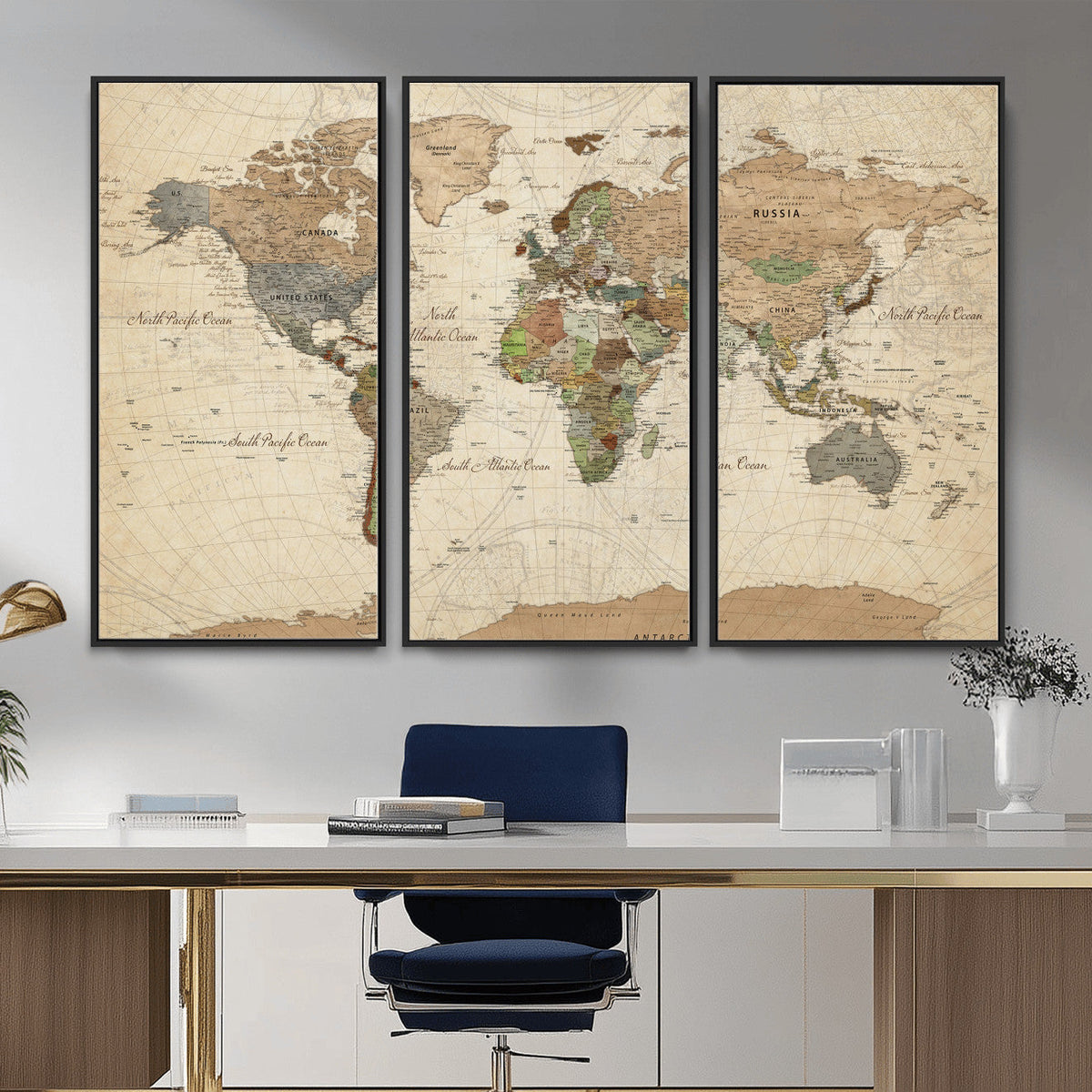 Framed World Map Wall Art for Home and Office Decor