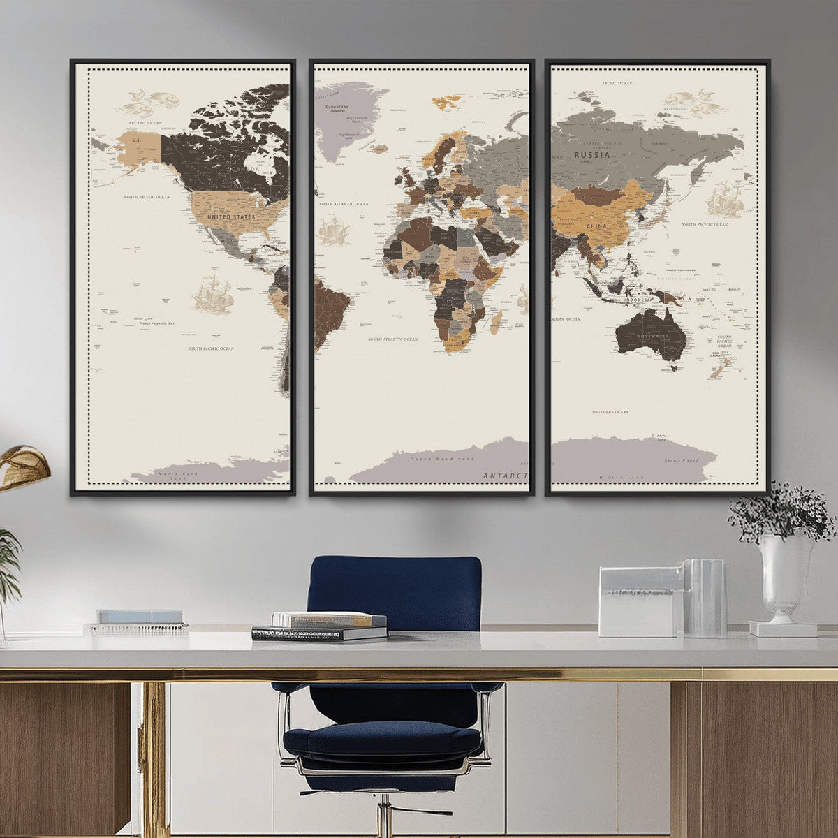 Custom Beige Modern Push Pin World Map Canvas Print, Places Visited Tracker, Bedroom and Study Decor