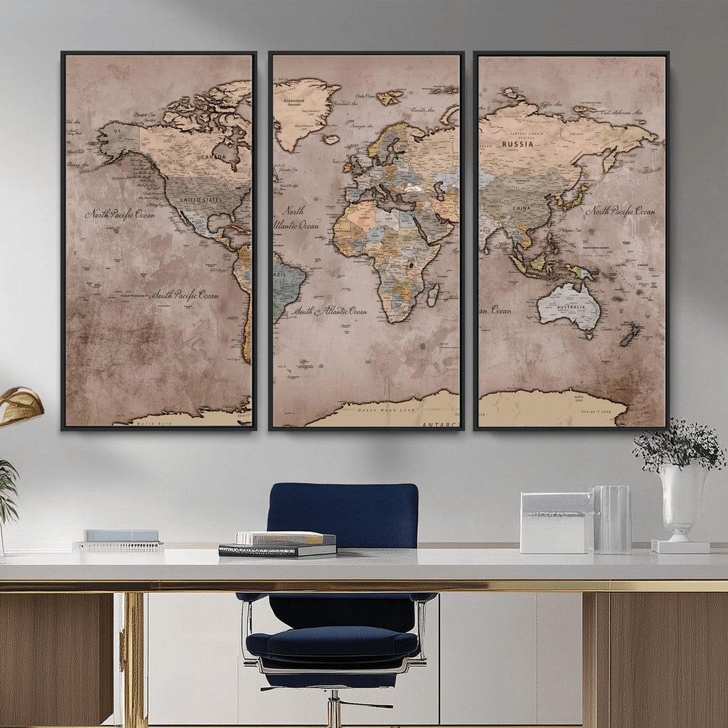 Grunge World Map Canvas Wall Art - Vintage Aged World Map with Golden Tones