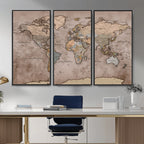 Grunge World Map Canvas Wall Art - Vintage Aged World Map with Golden Tones