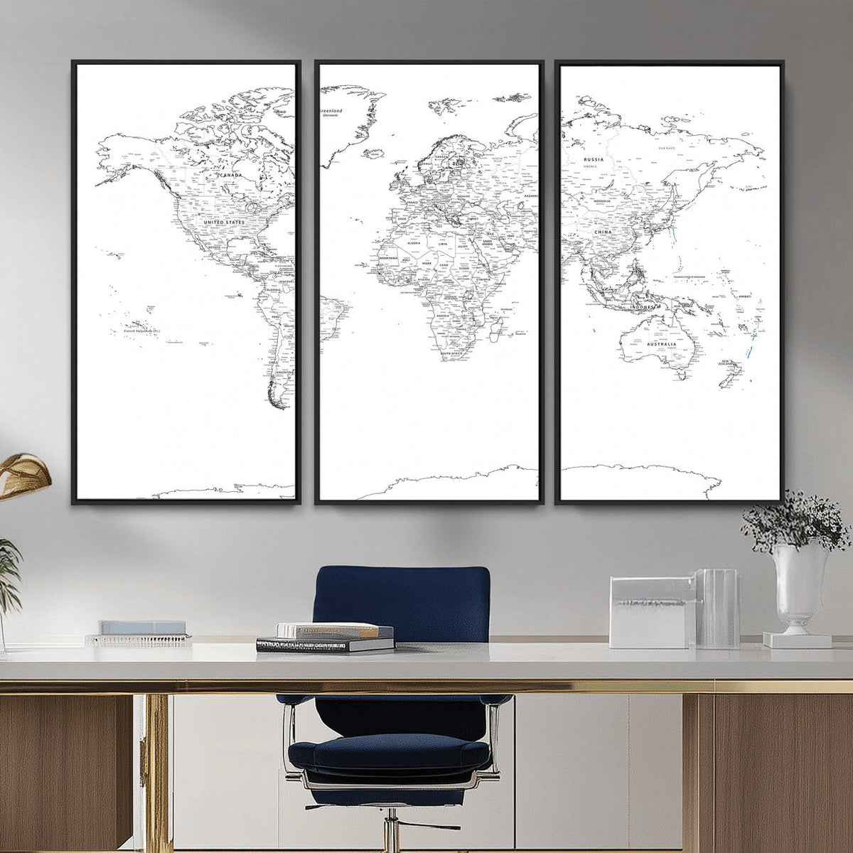 World Map Canvas Print, Framed Modern Detailed Map of the World for Home or Office