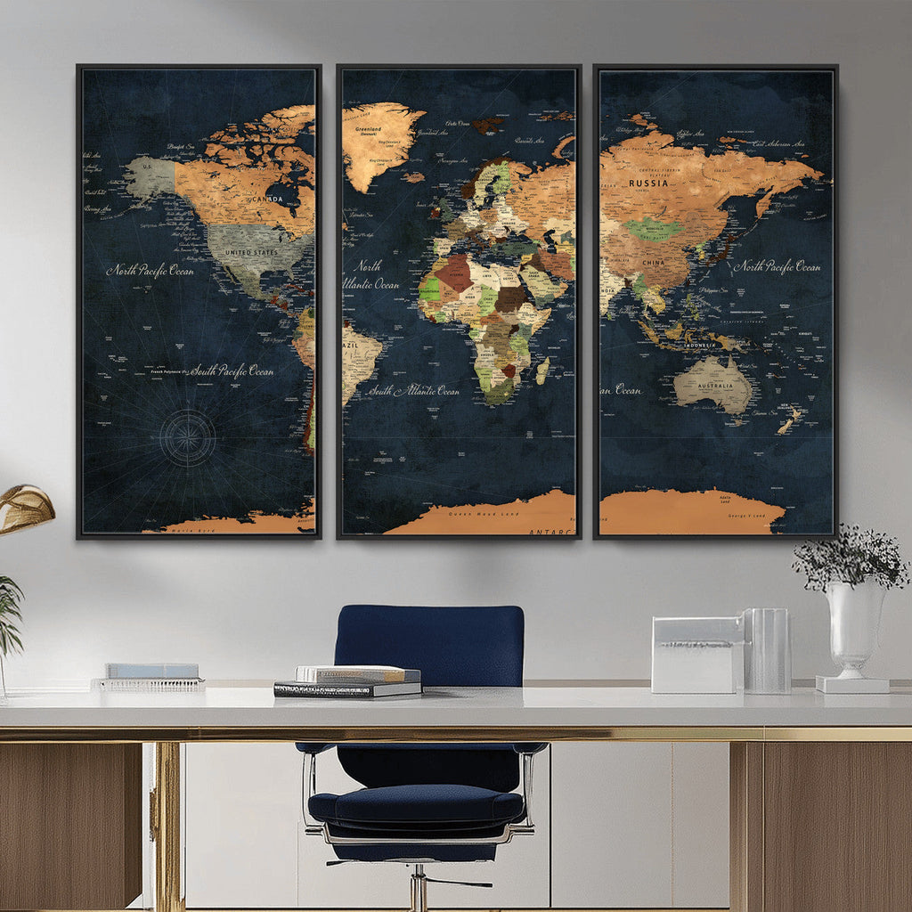 Vintage World Map Canvas Wall Art | Detailed Map with Countries, Oceans and Continents