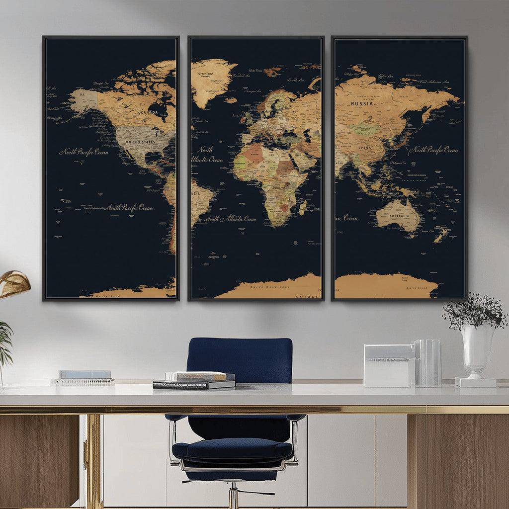 Vintage World Map Earth Globe Countries Oceans Continents