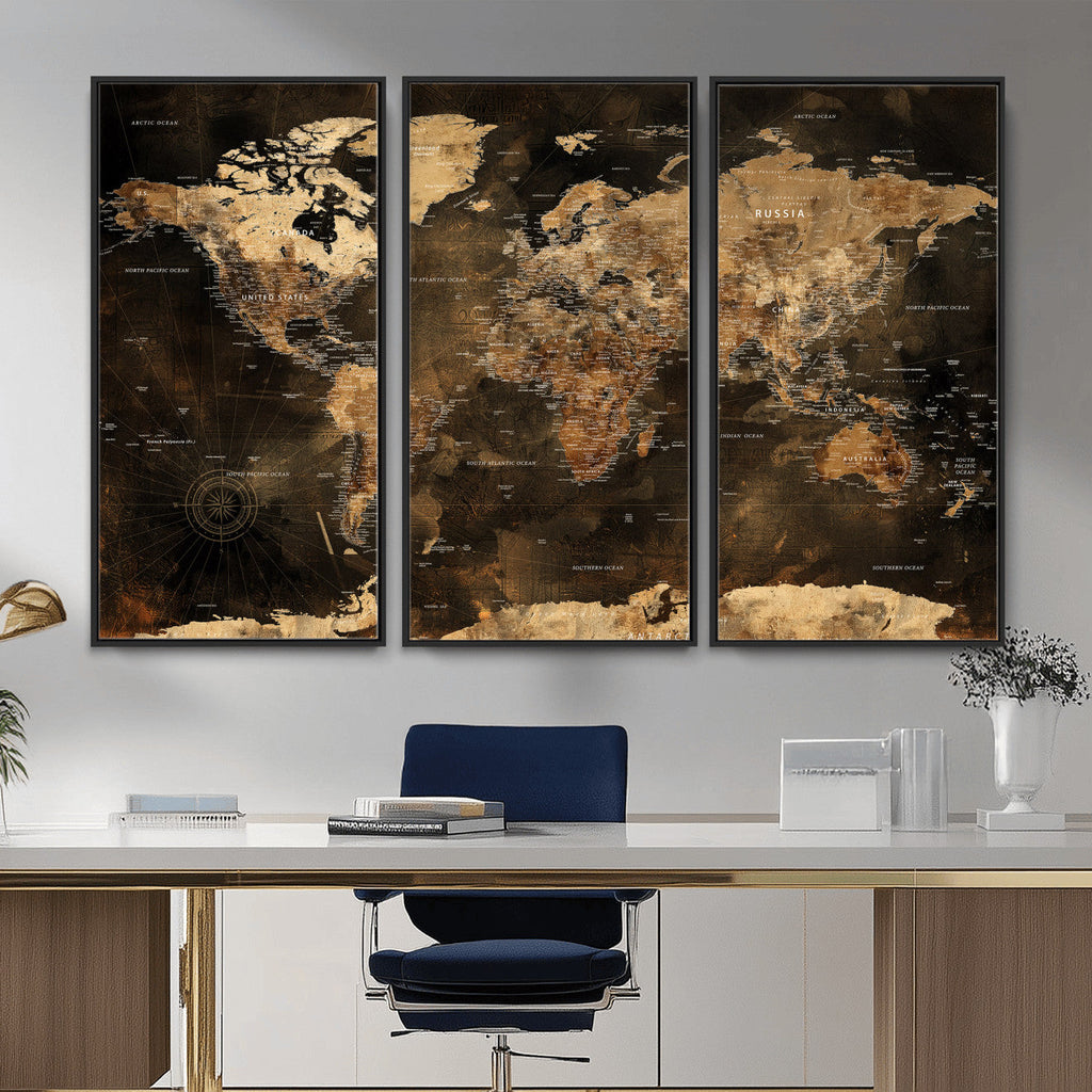 World Map Canvas Print, Modern Decorative Framed Map Artwork