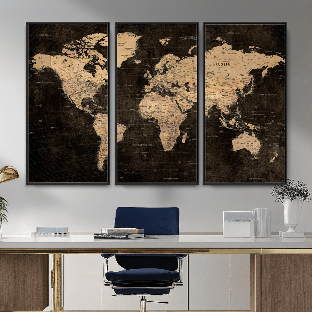 Brown World Map Canvas Print | Modern Travel Map Wall Art
