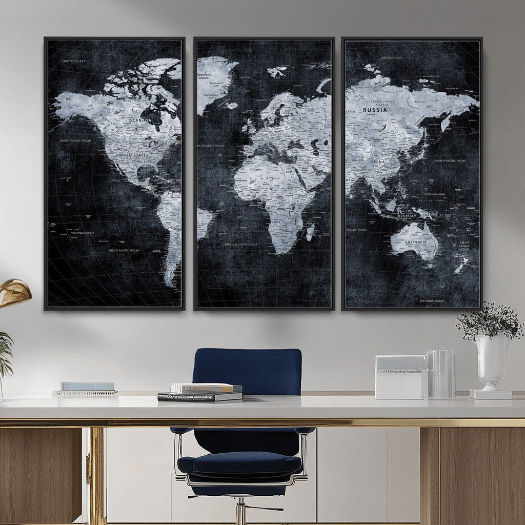 Black World Map Canvas Print | Detailed Map for Couples and Anniversary Gift