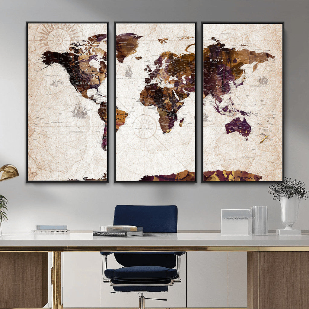 Blue Watercolor World Map Canvas Print | Framed Modern Wall Art