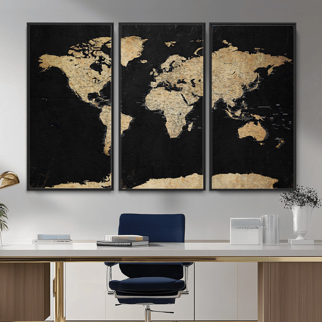 Beige World Map Canvas Wall Art Print, Minimal Black and Beige Map
