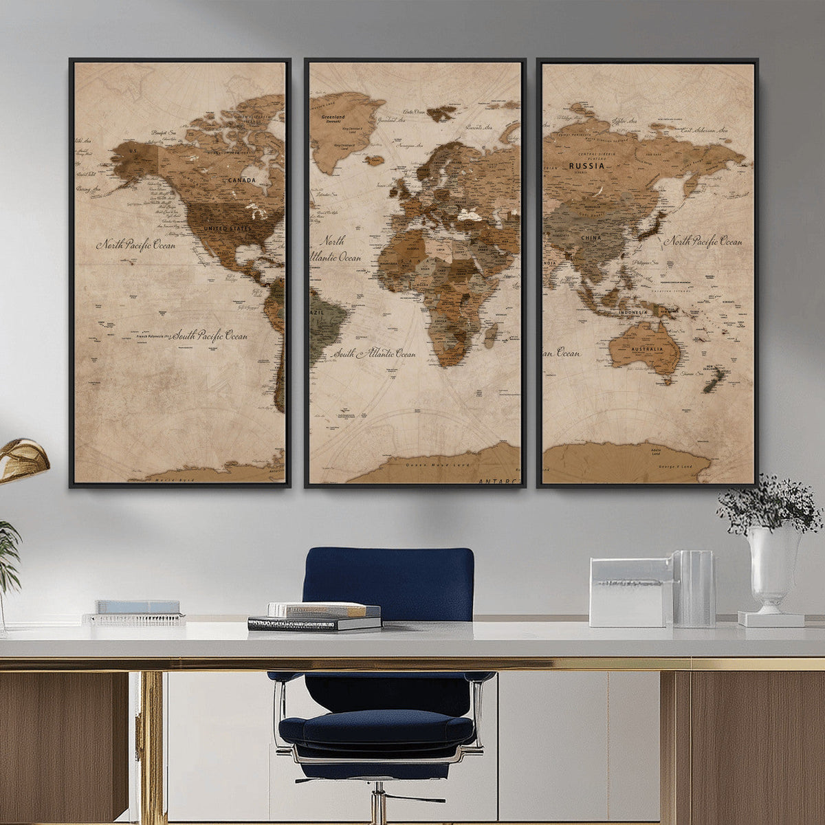 World Map Canvas Wall Art Print, Detailed Global Map Artwork