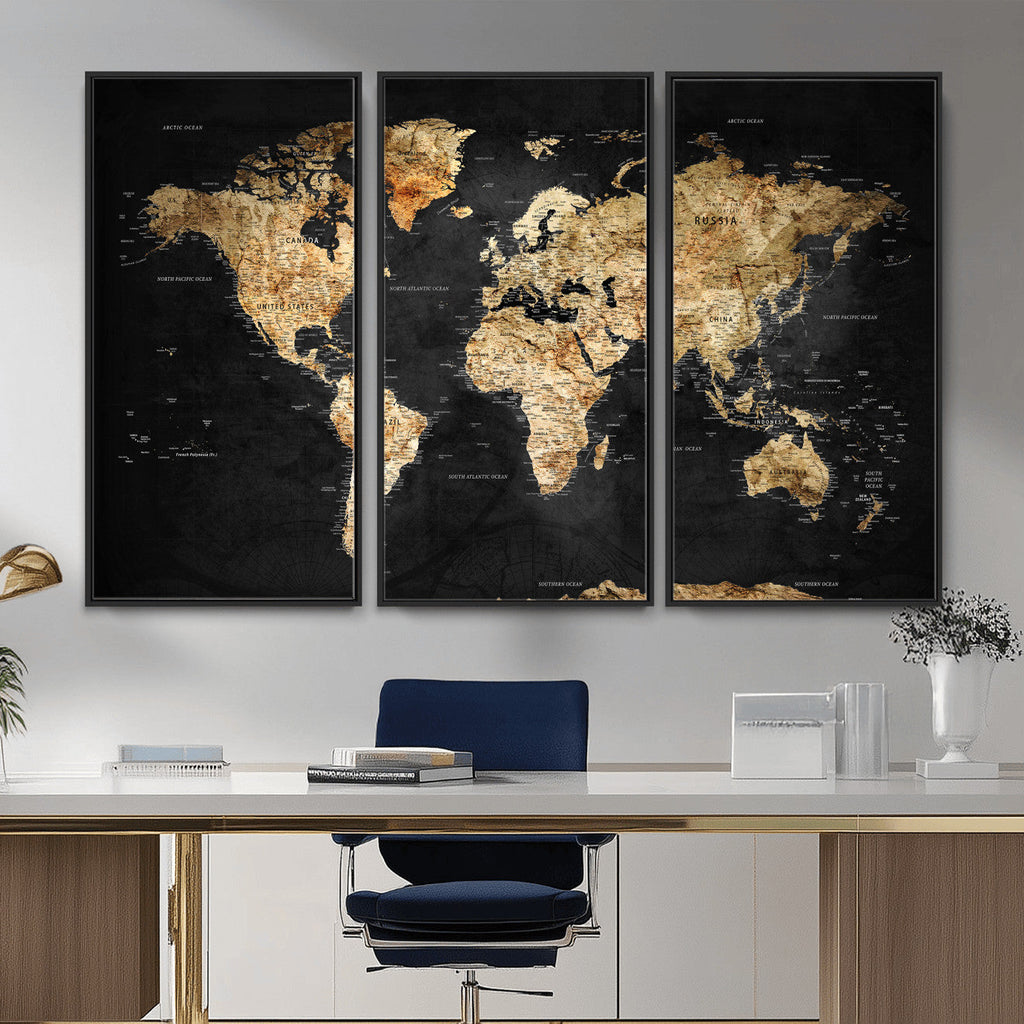 World Map Canvas Wall Art with Famous Landmarks | Framed Travel Map