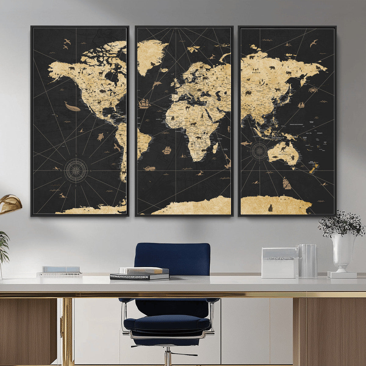 Vintage Blue and Brown World Map Canvas Wall Art | Framed Rustic Map Print