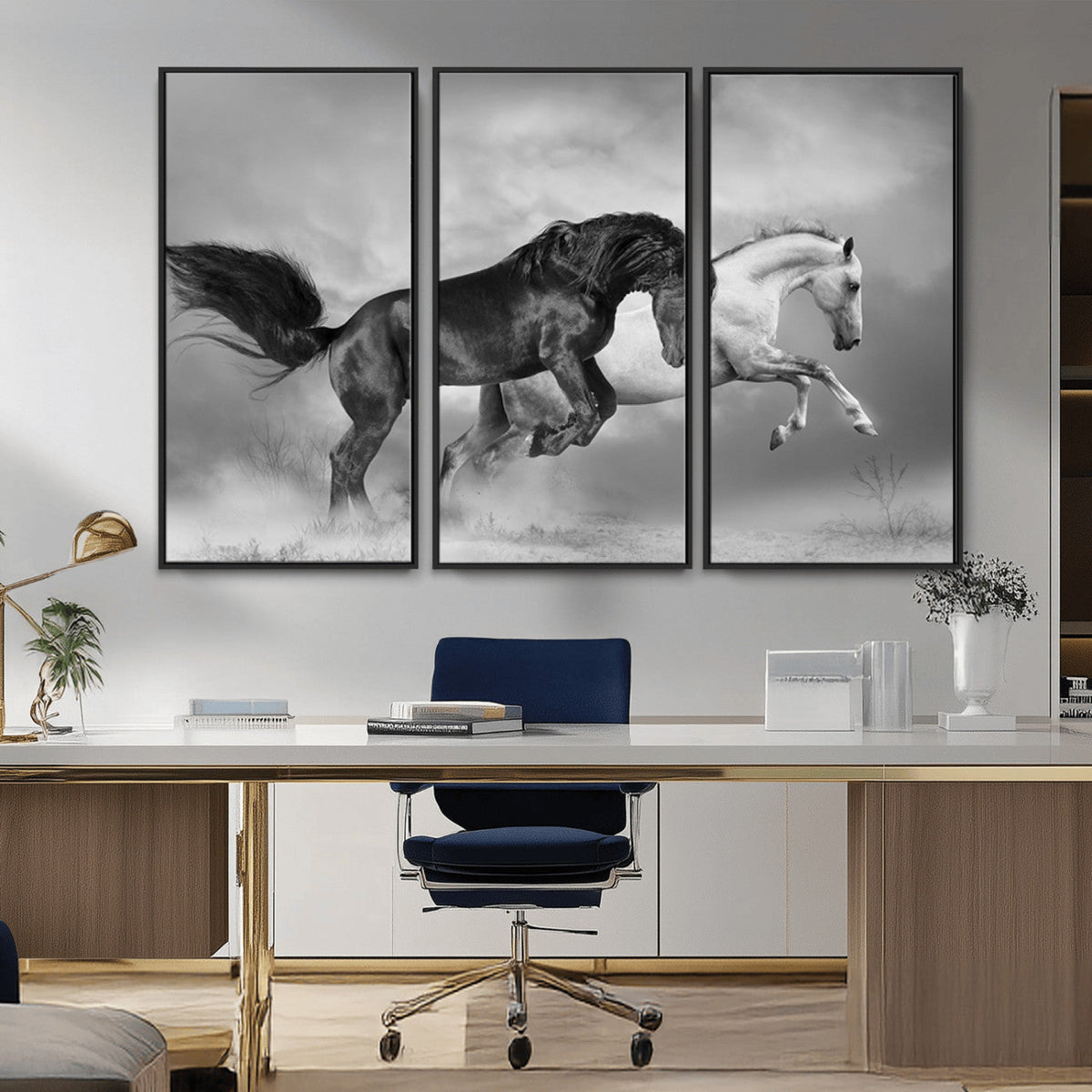 Wild Horses Wall Art Canvas Print, Framed Black and White Galloping Horses