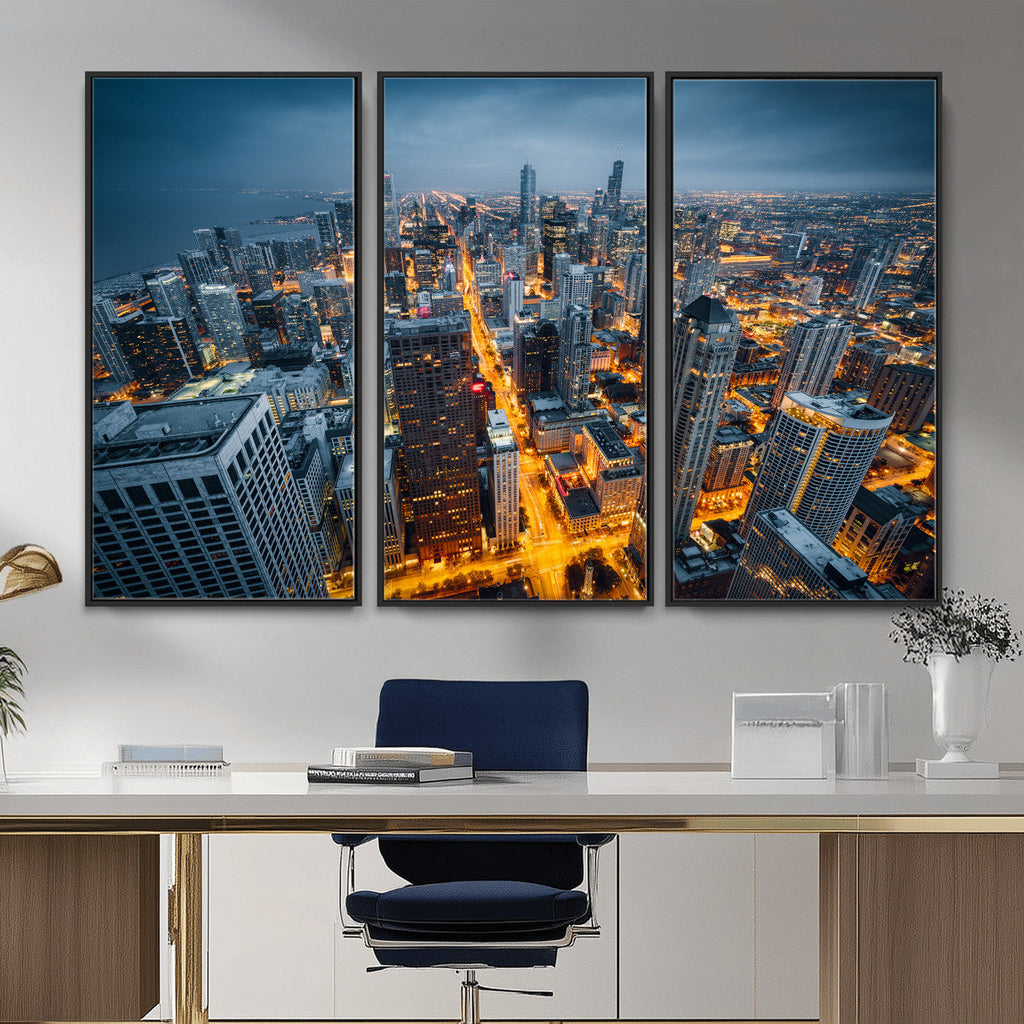 Chicago Wall Art Canvas Print - Chicago City Downtown Night Cityscape