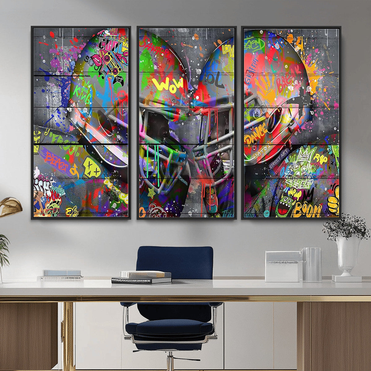 Graffiti Football Helmets Wall Art Canvas Print, Urban Street Art