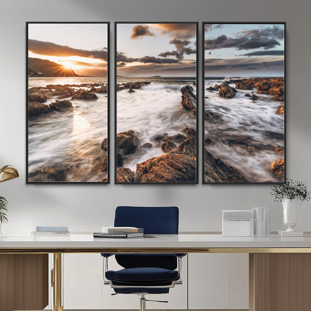 Rocky Coast Ocean Sunset Wall Art Canvas Print, Dramatic Seascape Nature Decor