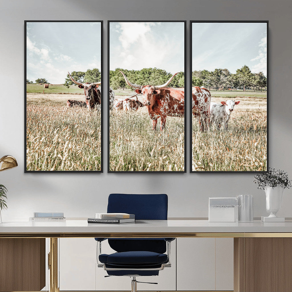 Texas Longhorn Cattle Wall Art Canvas Print, Western Ranch Landscape Decor