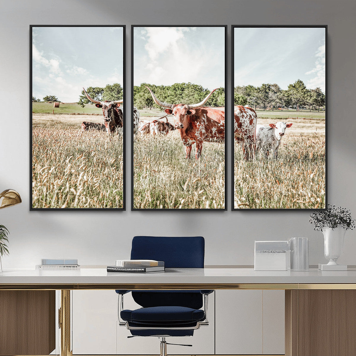 Texas Longhorn Cattle Wall Art Canvas Print, Western Ranch Landscape Decor