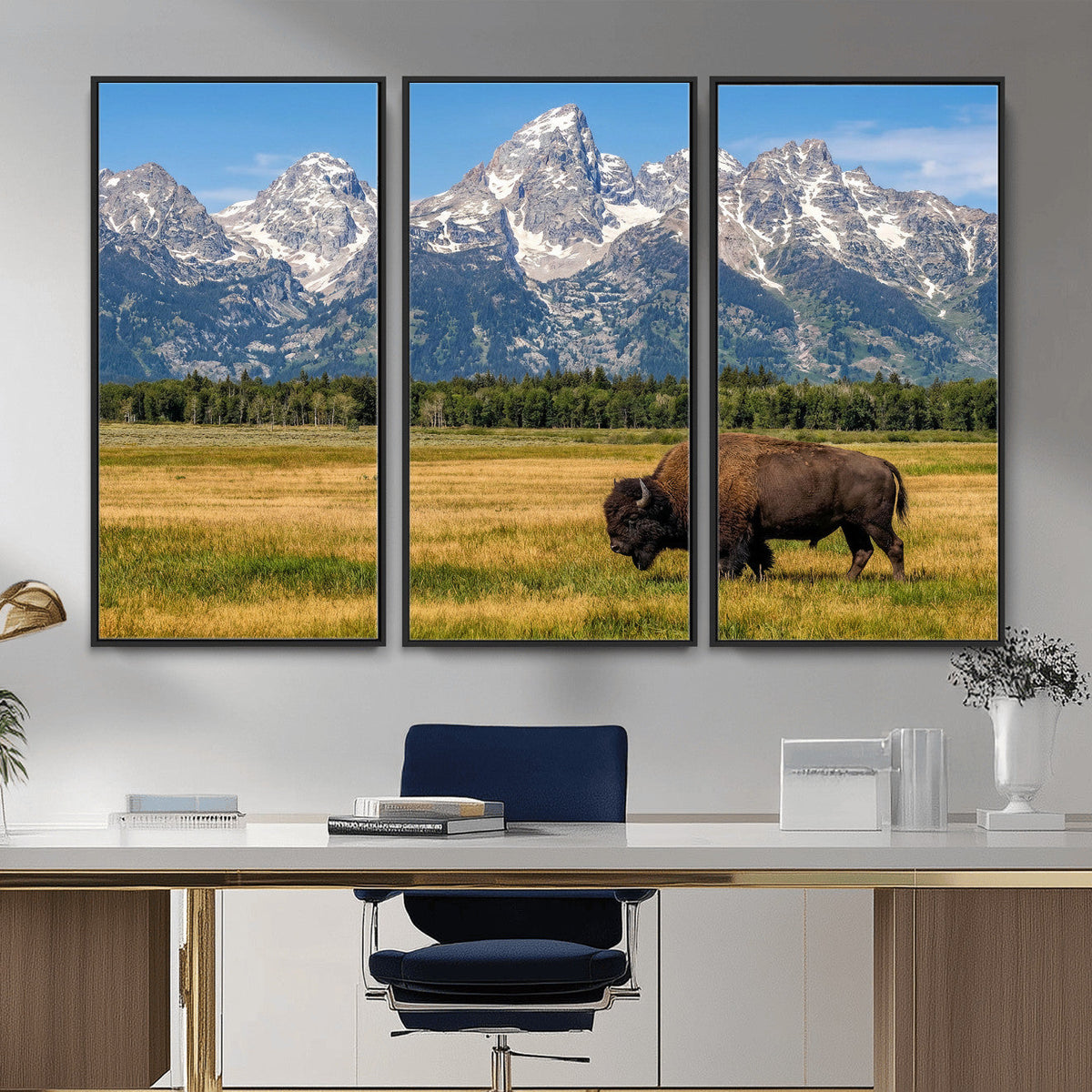 Bison in Mountain Landscape Wall Art Canvas Print, Western Decor