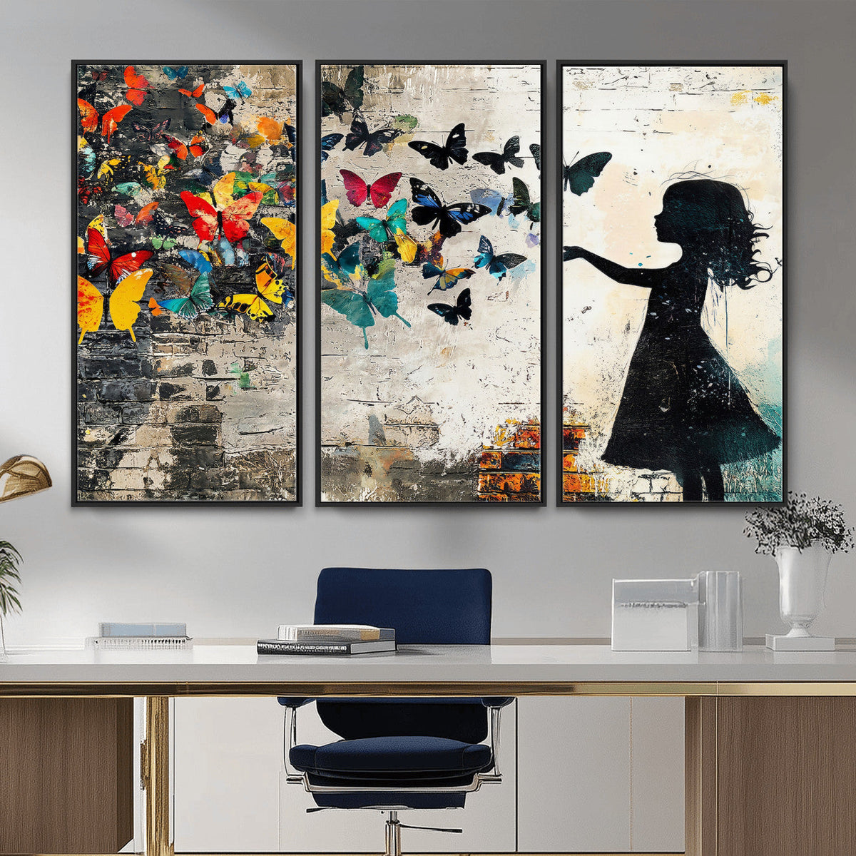 Banksy Butterfly Girl Wall Art Canvas Print, Framed Street Art