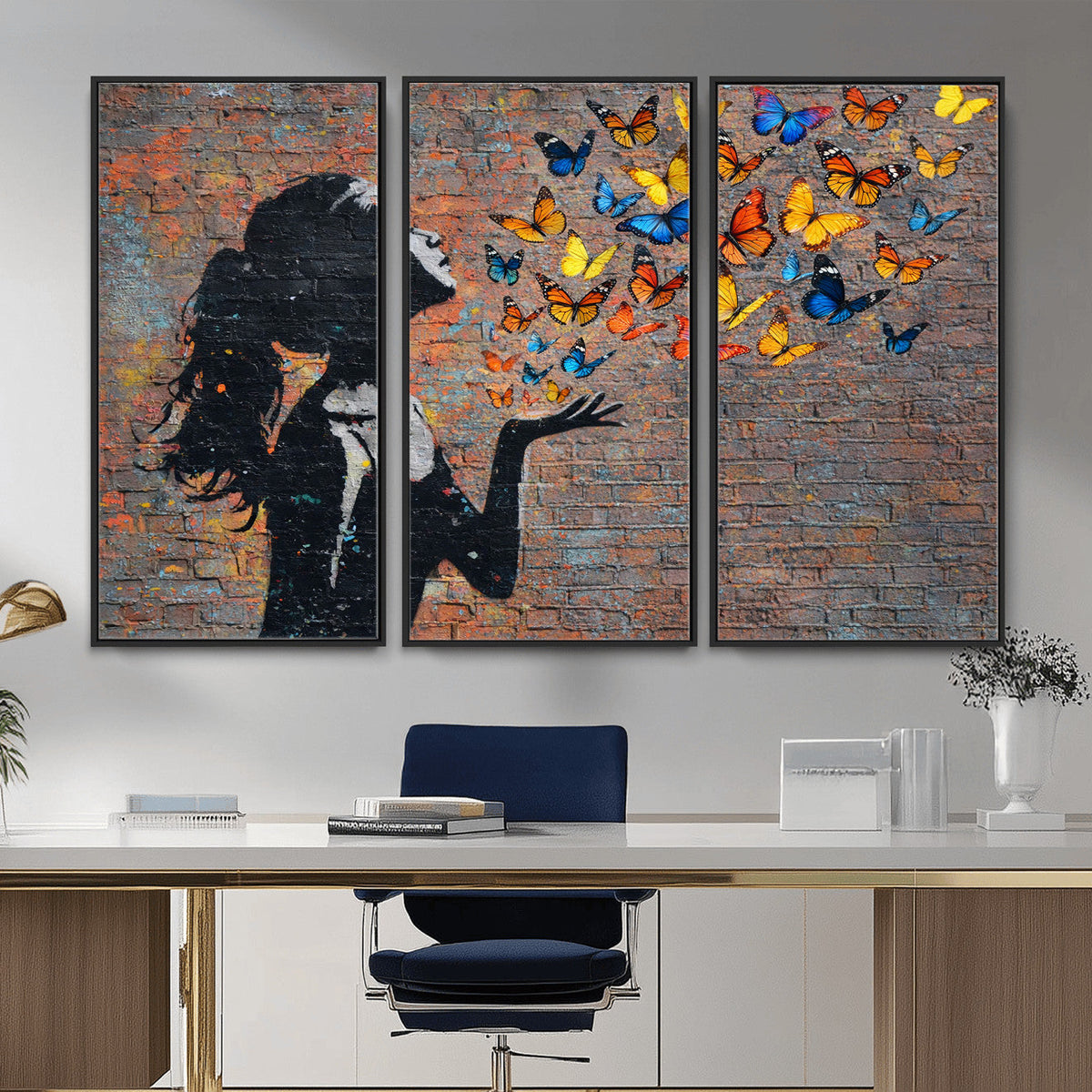 Urban Banksy Butterfly Girl Wall Art Canvas Print, Framed