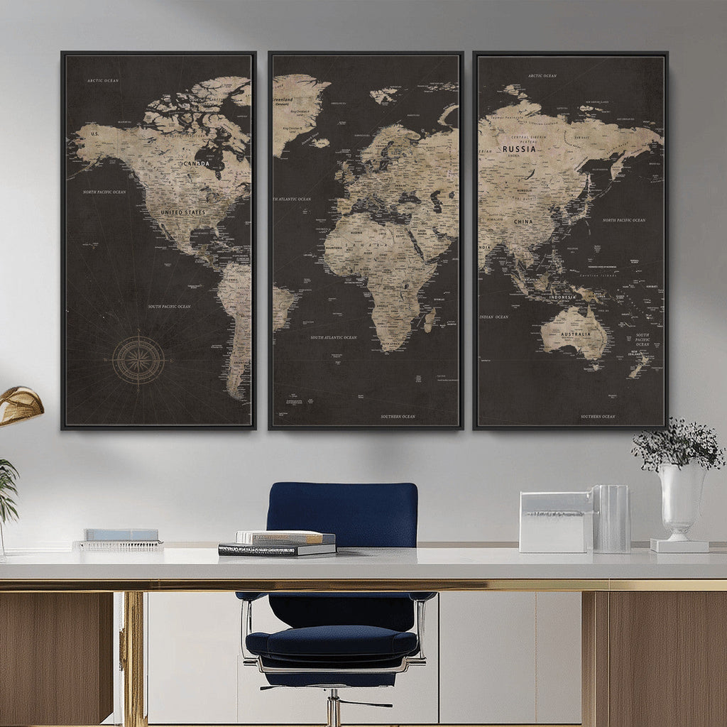 World Map Canvas Wall Art, Dark Charcoal and Antique Tan Detailed Map