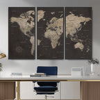 World Map Canvas Wall Art, Dark Charcoal and Antique Tan Detailed Map