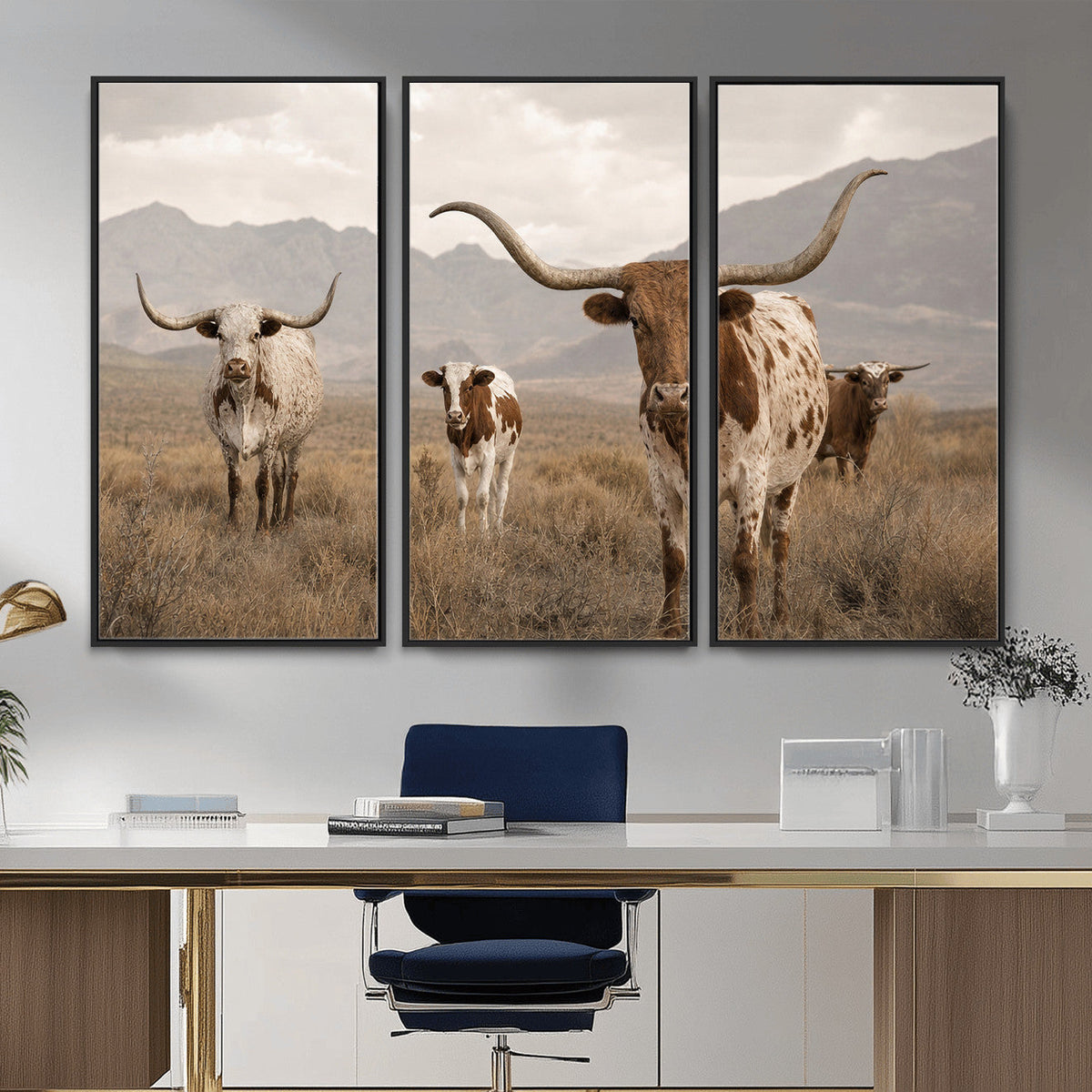Rustic Texas Longhorn Cow Canvas Wall Art Print, Farm Animal Photography