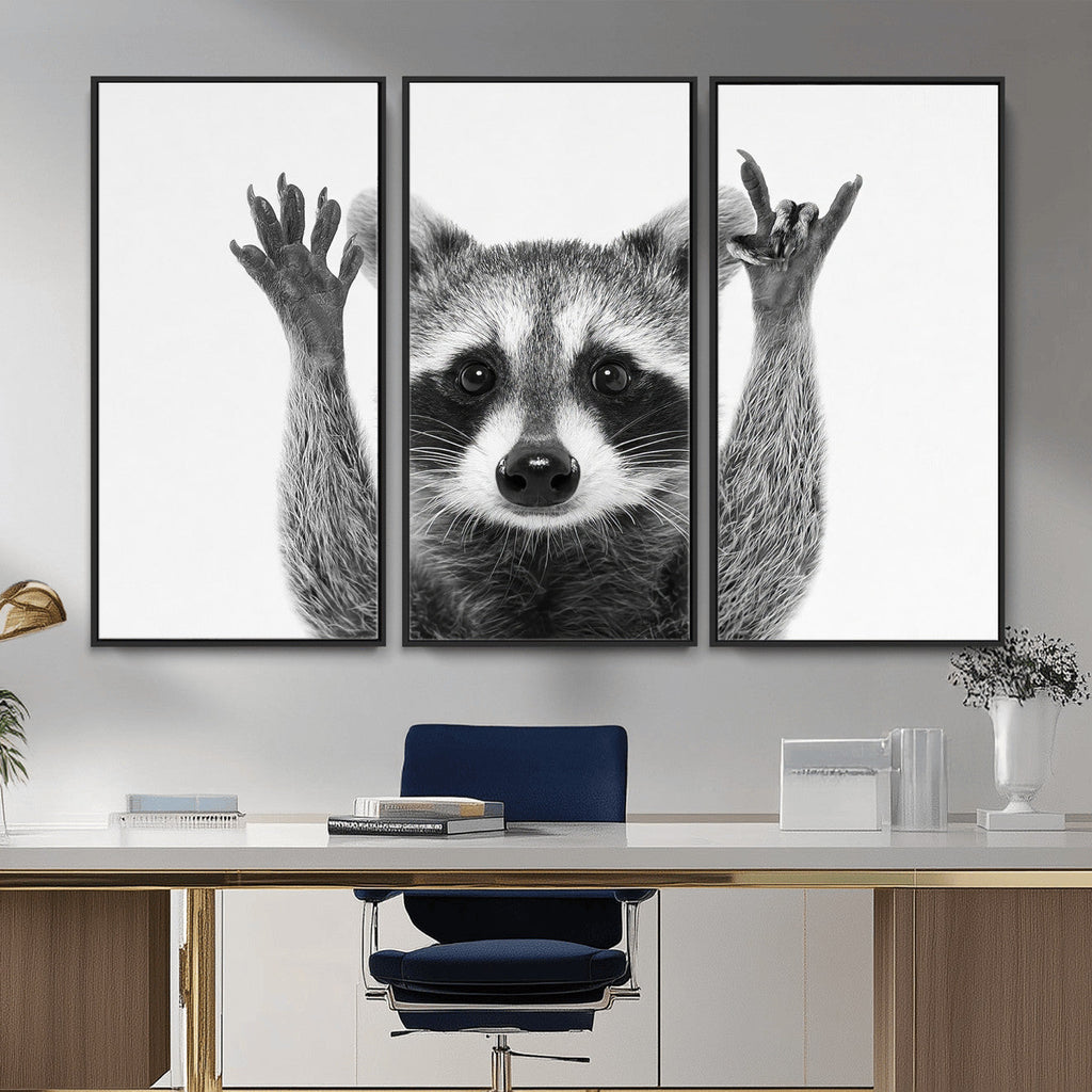 Funny Raccoon Canvas Wall Art, Black White Hands Up Animal Photo Print