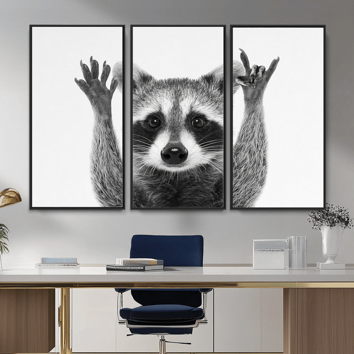 Funny Raccoon Canvas Wall Art, Black White Hands Up Animal Photo Print