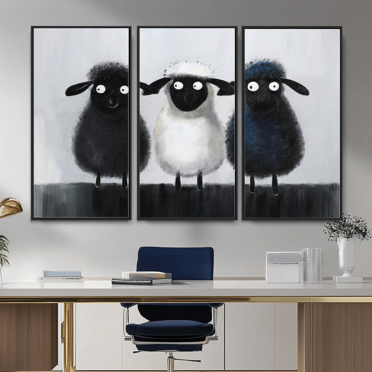 Funny Sheep Canvas Wall Art, Three Quirky Sheep Painting Print, Cute Nursery Decor