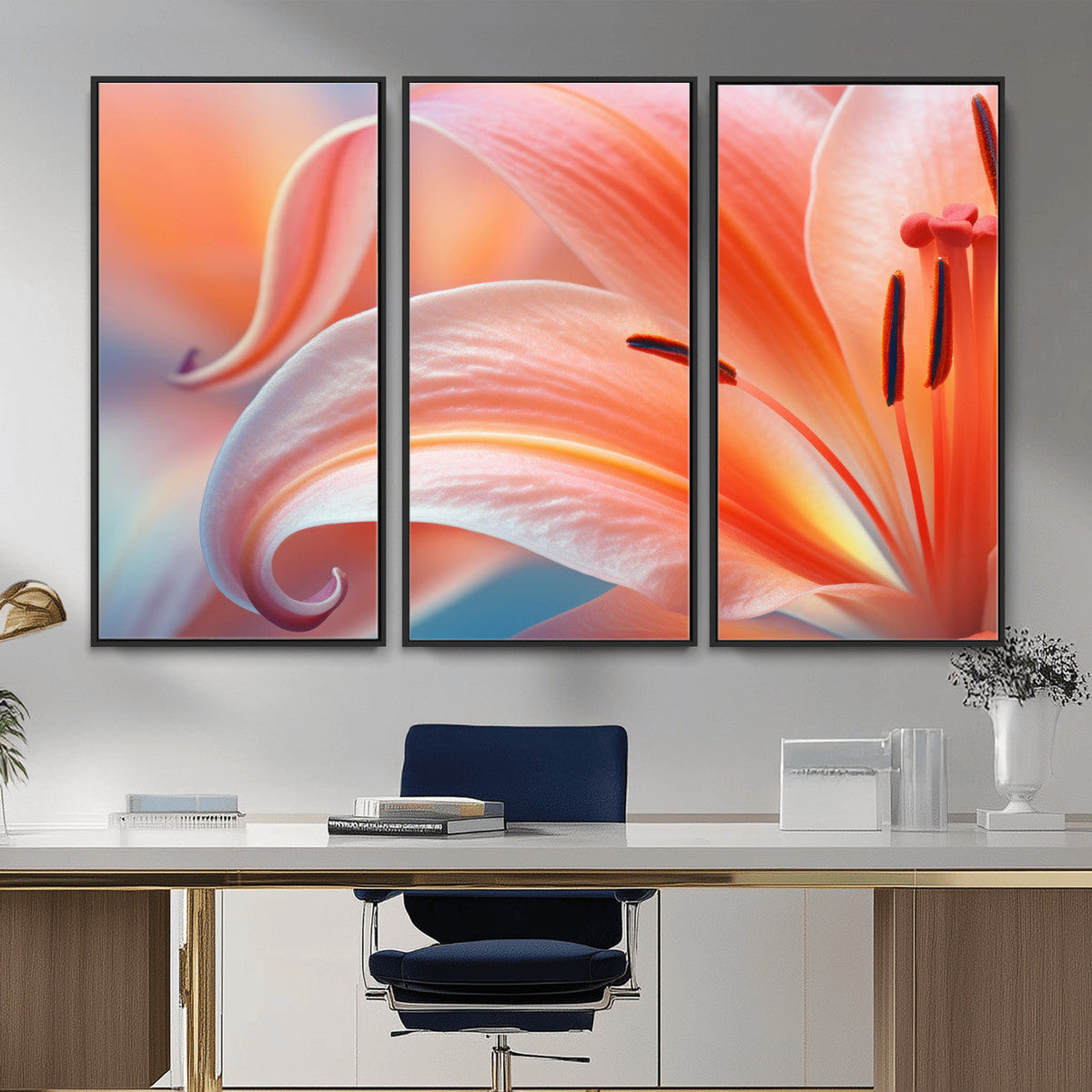Peach Lily Canvas Wall Art, Coral Pink Flower Macro Photo Print, Botanical Decor