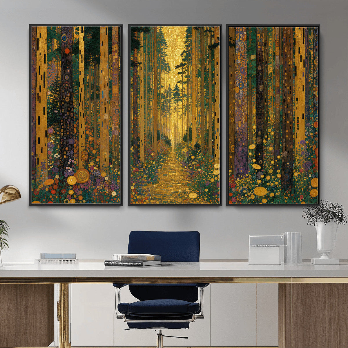 Gustav Klimt Style Forest Canvas Wall Art, Golden Forest Path Floral Art Nouveau Print
