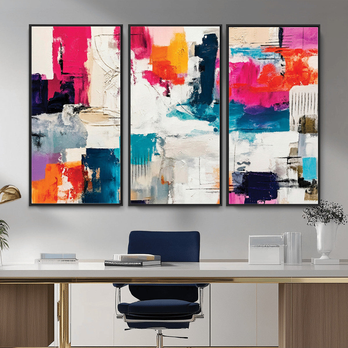 Blue Teal Abstract Canvas Wall Art, Modern Brushstroke Style Print, Navy Orange Contemporary Decor