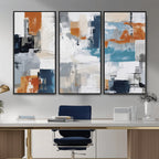 Blue Teal Abstract Canvas Wall Art, Modern Brushstroke Style Print, Navy Orange Contemporary Decor