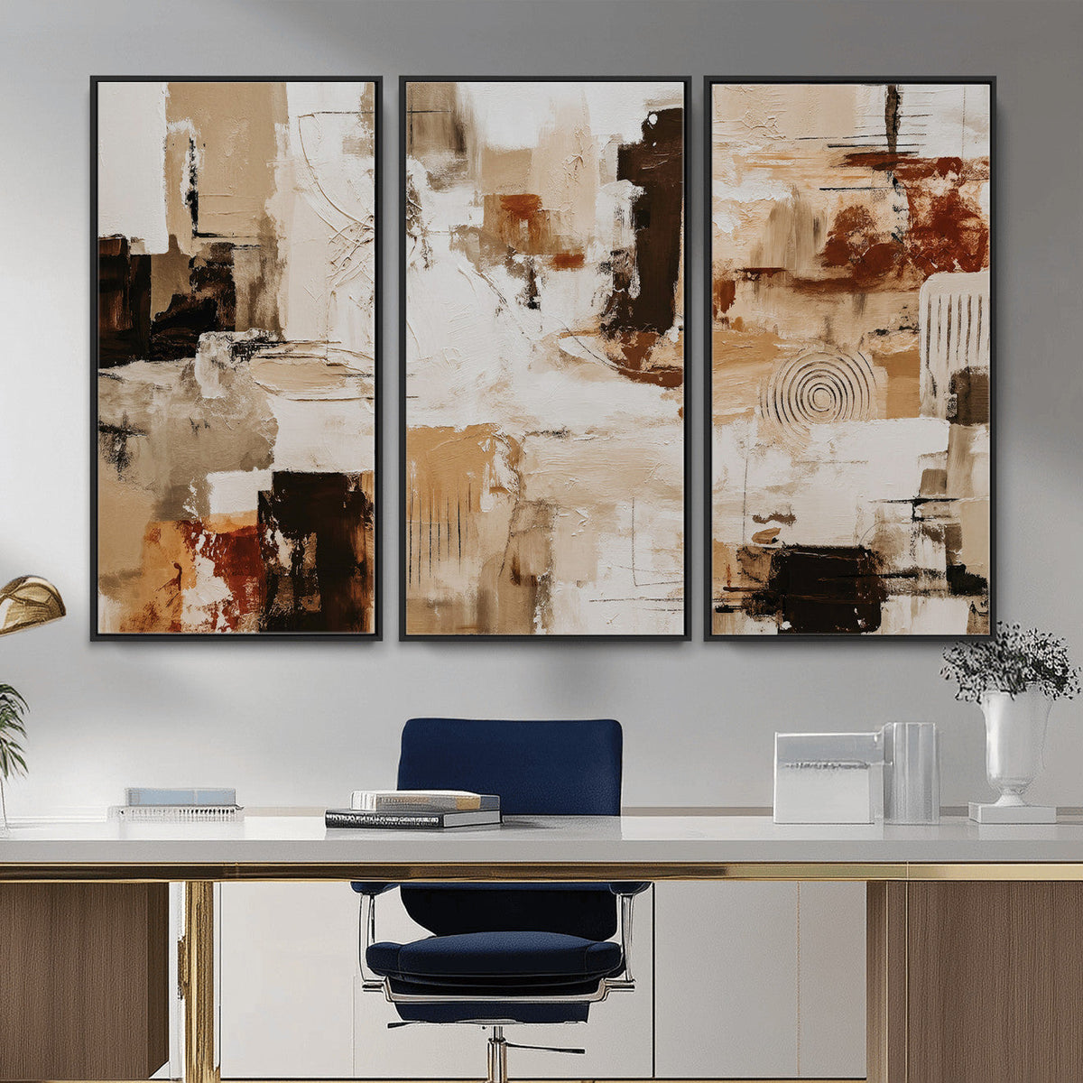Blue Teal Abstract Canvas Wall Art, Modern Brushstroke Style Print, Navy Orange Contemporary Decor