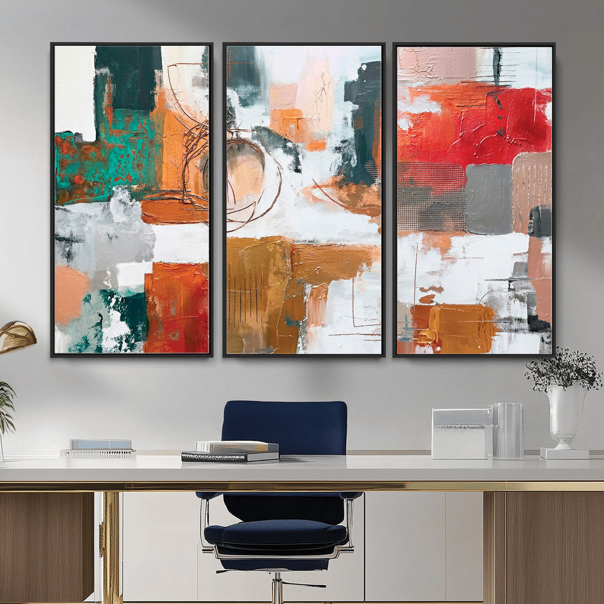 Blue Teal Abstract Canvas Wall Art, Modern Brushstroke Style Print, Navy Orange Contemporary Decor